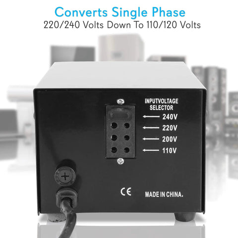 Beefy 500W Step Up Step Down Voltage Converter With USB Charging Port rear view showing input voltage selector settings.