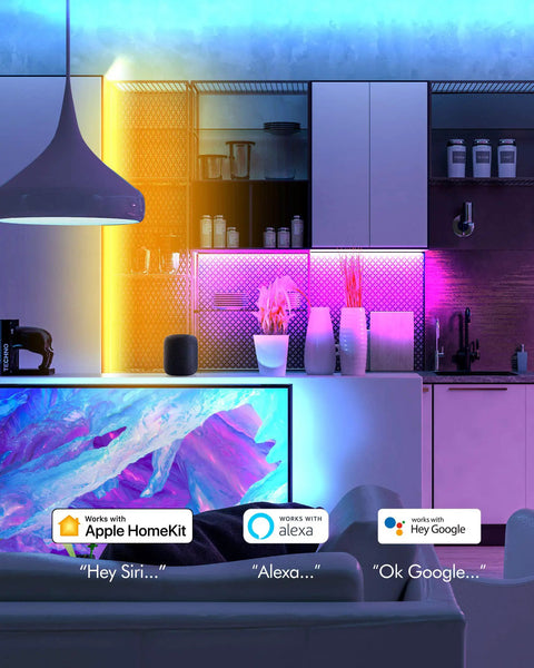 Smart kitchen with colorful lighting, displaying compatibility with Apple HomeKit, Alexa, and Google; Door Window Sensor Magnetic Contact Alarm For HomeKit Smart Security No Hub Required Bluetooth Low Energy Remote Access Works With Alexa And Google Assistant VS1 1 Pack showcased.