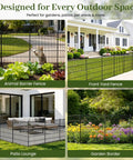 Collage of No Dig 10 Panel Decorative Outdoor Garden Fence With Gate For Yard 40 Inch High And 23.6 Feet Long Rustproof Metal Wire Panels installed in various settings: animal barrier, front yard, patio, and garden border.