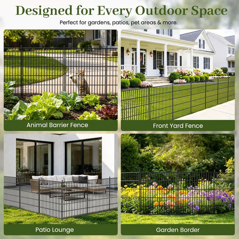 Collage of No Dig 10 Panel Decorative Outdoor Garden Fence With Gate For Yard 40 Inch High And 23.6 Feet Long Rustproof Metal Wire Panels installed in various settings: animal barrier, front yard, patio, and garden border.