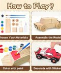 DIY Wooden Build Art Crafts Kit 3 Pack For Kids Ages 4 To 12 Make Your Own Car Boat Plane Movable Wooden Toys STEM Educational Toy Set No Battery Required Creative Hands On Learning For Boys And Girls showing materials, assembly, painting, and decoration steps.
