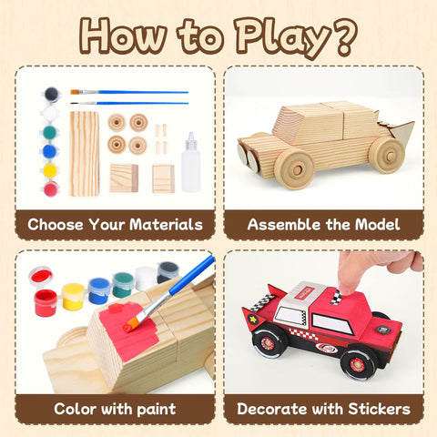 DIY Wooden Build Art Crafts Kit 3 Pack For Kids Ages 4 To 12 Make Your Own Car Boat Plane Movable Wooden Toys STEM Educational Toy Set No Battery Required Creative Hands On Learning For Boys And Girls showing materials, assembly, painting, and decoration steps.