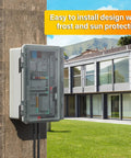 Weatherproof Outdoor Electrical Junction Box With Hinged Lockable Cover, Clear ABS Plastic Enclosure on exterior wall