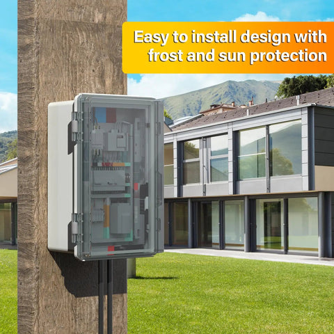Weatherproof Outdoor Electrical Junction Box With Hinged Lockable Cover, Clear ABS Plastic Enclosure on exterior wall
