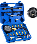 Amazon Orion Motor Tech fuel pressure test kit in blue carrying case with 0-140 psi gauge and brass adapters