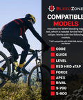 Cyclist on mountain bike with SRAM Brake Bleed Kit compatibility chart for Guide Level and other models