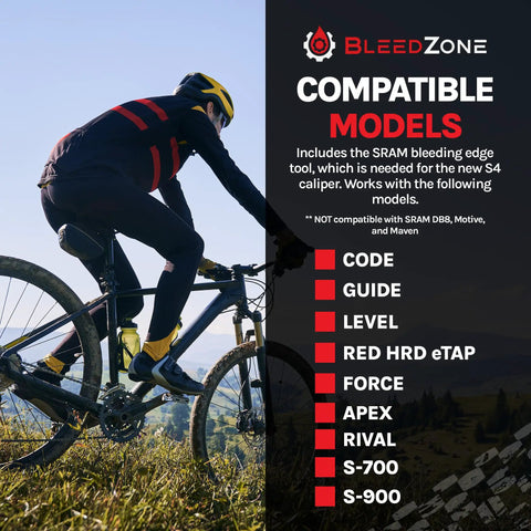 Cyclist on mountain bike with SRAM Brake Bleed Kit compatibility chart for Guide Level and other models