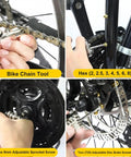 All In One Carbon Steel Bike Multi Tool For Road And Mountain Bikes With 12 Precision Tools Including Chain Breaker Tire Repair Kit Hex Wrenches Torx Screwdrivers Flat Head And Non Slip Grips shown using chain breaker and hex wrenches on bike.