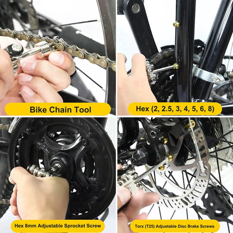 All In One Carbon Steel Bike Multi Tool For Road And Mountain Bikes With 12 Precision Tools Including Chain Breaker Tire Repair Kit Hex Wrenches Torx Screwdrivers Flat Head And Non Slip Grips shown using chain breaker and hex wrenches on bike.