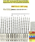 16 tapered drill bits set with 9/64 inch diameter, replacement for FTG countersink drill bit #6, shown with ruler for scale.