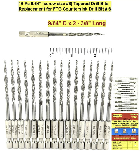 16 tapered drill bits set with 9/64 inch diameter, replacement for FTG countersink drill bit #6, shown with ruler for scale.