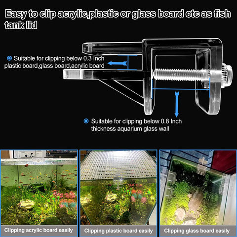 Six Piece Rock Solid Aquarium Lid Clips For Rimless Fish Tanks Heavy Duty Glass And Acrylic Top Hood Brackets with clear clip design for 0.3 inch boards.