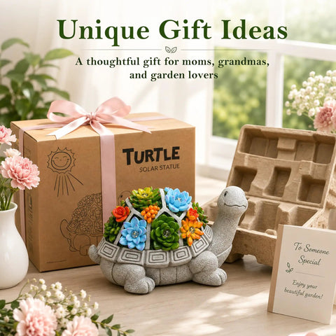 Solar Turtle Garden Statue With Succulent Holder And Seven LED Lights For Patio Yard And Balcony Decor displayed in gift setting