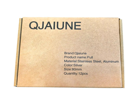 Box labeled QJAIUNE for Back Mount Finger Edge Pulls 80mm Aluminum Concealed Tab Handles, 12 pieces, silver, stainless steel, aluminum.