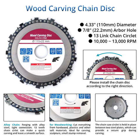 Pro Level Angle Grinder Accessory Kit Kicking Serious Tail With Wood Shaping Flap Sanding Wheels And Tough Chain Carving Discs For 4 Half Inch Grinders Ultimate Woodworking Setup - 4.33 inch wood carving chain disc with 7/8 inch arbor hole.