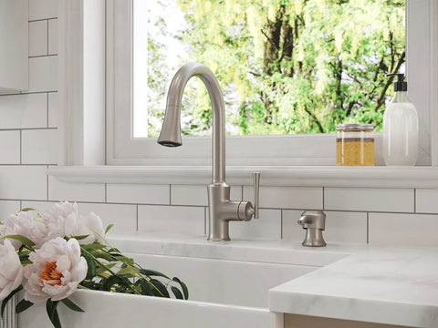 Antrom Kitchen Faucet With Pull Down Sprayer And Built In Soap Dispenser in spot defense stainless steel installed in kitchen