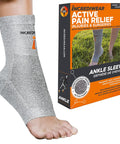 Infrared Ankle Sleeve With No Batteries Needed For Pain Relief And Swelling, Bioactive Fabric Ankle Support in gray shown on foot with packaging