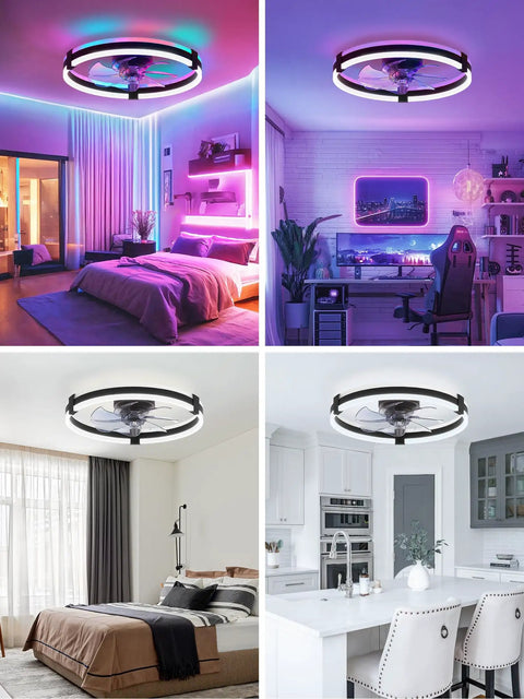 20 Inch Low Profile Ceiling Fan With Lights And Remote, Flush Mount Fandelier in bedrooms and kitchen setup, RGB mood lighting