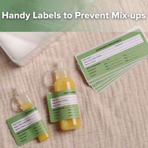 Handy labels for expressed breastmilk bottles from Fresh Mama Game Changer Colostrum Collector Set BPA Free.