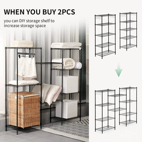 Beefy Five Shelf Heavy Duty Metal Storage Rack With Adjustable Wire Shelves displayed with towels and baskets in a home setting