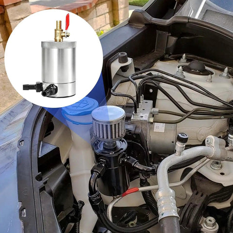 Heavy Duty 300ml Oil Catch Can Kit With Double Port Design To Boost Engine Performance And Reduce Sludge installed in engine bay.