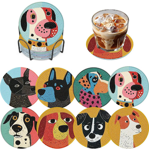 8 Pack Diamond Art Coaster Kit With Holder And Cork Pads, 5D DIY Puppy Diamond Painting Coasters in holder beside iced drink coaster