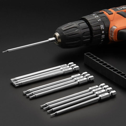 11 Piece Magnetic Tamper Proof Torx Bit Set T6 To T40 With One Quarter Inch Hex Shank S2 Steel Heat Treated Bits next to drill