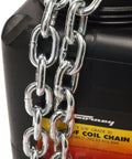 Badass Three Eighths Grade 30 Proof Coil Chain 63 Foot Hot Galvanized Zinc Plated Linkage on a black container for rigging.