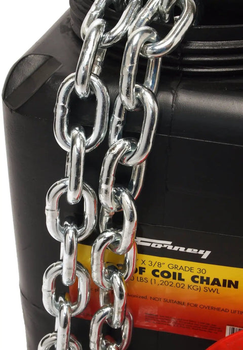 Badass Three Eighths Grade 30 Proof Coil Chain 63 Foot Hot Galvanized Zinc Plated Linkage on a black container for rigging.