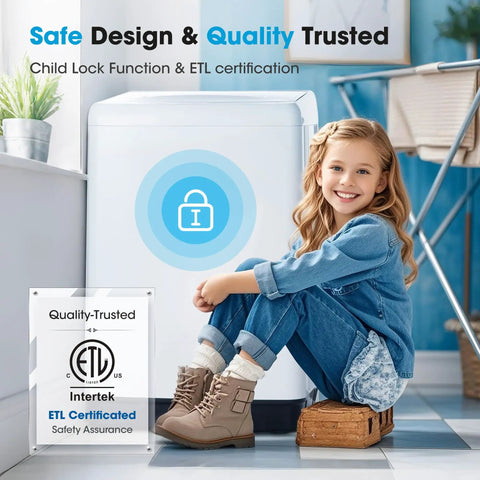 Hassle Free Portable Top Load Washing Machine With 15.7 Lbs Capacity And Fully Automatic Controls Featuring Ten Custom Cycle Programs And Built In Drain Pump A Real Game Changer For Quick Laundry In Apartments Dorms And Rvs, shown with child lock symbol.