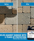 Before and after results of Concrete Paver Sealer Concentrate for Outdoor Spaces, Makes 5 Gallons, Water Based Silane Siloxane Acrylic Formula That Keeps Water, Oil, Sap And Stains Out, Eco Friendly, Natural Finish on pavers.