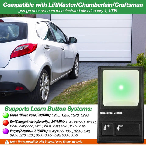 Upgraded Wall Mount Garage Door Opener Keypad With Lighting Control Wired Replacement Panel Compatible With LiftMaster Chamberlain Craftsman Openers Post 1995 Supports Green Red Purple Learn Buttons shown with car by garage