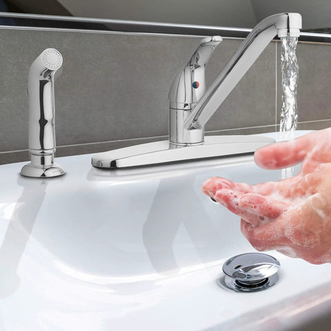 Premium Single Handle High Arc Kitchen Faucet With Swivel Side Spray, Polished Chrome Finish, water streaming from spout.