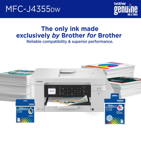 INKvestment 4355 Wireless Color Inkjet All In One Printer With 1.8 Inch Color Display and ink cartridges shown with printed pages