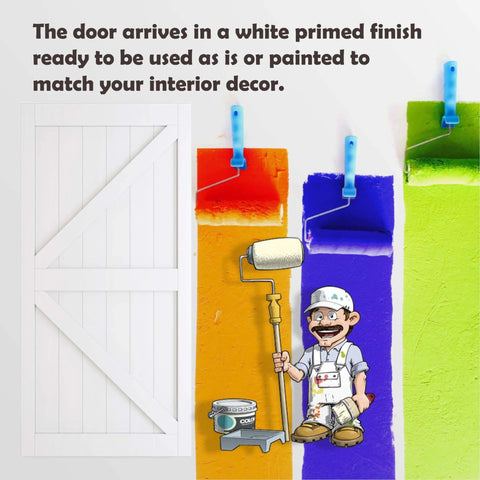 Space Saving Sliding Barn Door With Bypass Hardware Kit, 72 Inch By 84 Inch, MDF Painted White door with paint rollers
