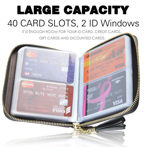 Open Women's Credit Card Holder Wallet Zip Leather Card Case RFID Blocking with 40 Card Slots and 2 ID Windows showing cards inside