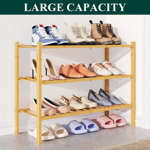 Heavy Duty Bamboo Shoe Rack For Closets, 3 Tier Natural Wood Entryway Organizer, Hella Sturdy Moisture Resistant Slick Storage Platform
