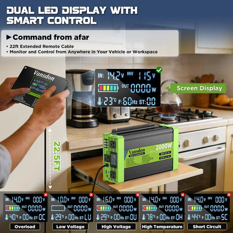 2000W Pure Sine Wave Inverter 12V DC To 120V AC with LCD Display, remote control, kitchen setup