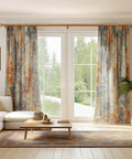 Imitation Wood Grain Leaf Pattern Curtain Rods Set 1 Inch Diameter Adjustable Heavy Duty Boho Drapery Rods For 48 To 84 Inch Windows Natural Wood Finish Finials in a living room setting