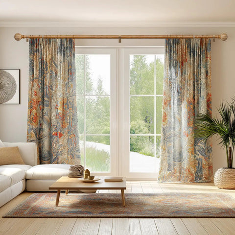 Imitation Wood Grain Leaf Pattern Curtain Rods Set 1 Inch Diameter Adjustable Heavy Duty Boho Drapery Rods For 48 To 84 Inch Windows Natural Wood Finish Finials in a living room setting