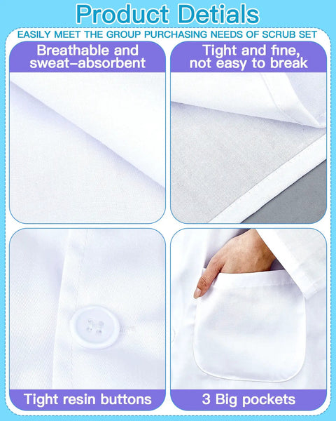 Closeup of Three Piece Unisex Pro Lab Coat Set for Women and Men, highlighting cotton-polyester fabric and pockets, size Medium.