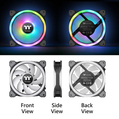 Swafan 14 RGB Radiator Fans 3 Pack TT Premium Edition, front, side, and back views highlighting swappable blade design.