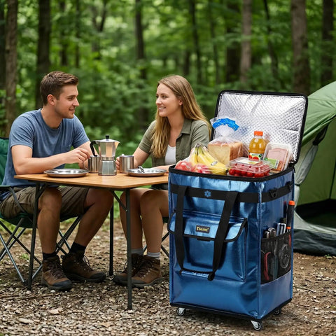 Rolling Grocery Tote With Wheels Reusable Shopping Bags On Wheels All In One Trolley For Groceries Large Capacity Backpack Cart in blue at campsite