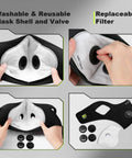 Reusable Dust Mask With 360 Degree Seal And MNL Material For Dust Pollen Welding Construction Sanding Woodworking And Yard Work Breathable Six Filter Face Mask For DIY Projects And Job Site Ready displayed with filters and filter slot.