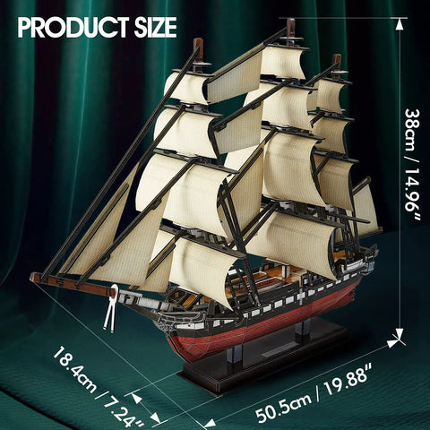 USS Constitution 3D Ship Puzzle For Adults And Teens Realistic Sailing Boat Model Kit dimensions shown