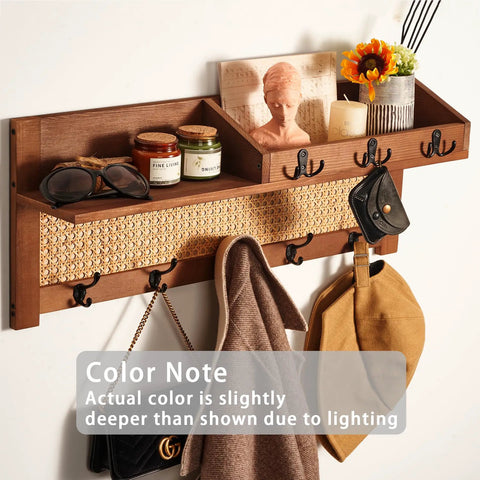 Wall Mount Coat Rack With Hooks And Shelf Made From Natural Pine And Woven Rattan A Boho Chic Entryway Organizer