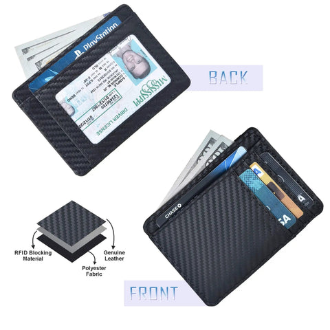 Leather Slim Minimalist Wallet With RFID Protection For Men And Women Front Pocket Card Holder in ebony front and back view