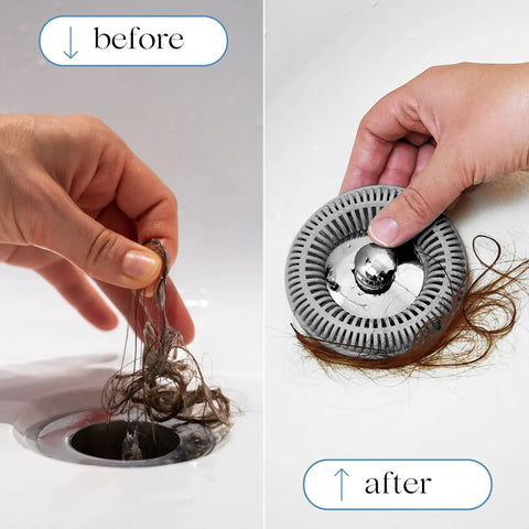 Before and after using Hair Catcher For Shower Drain And Bathtub - Reusable Silicone Stopper And Strainer For Clog Prevention, Gray
