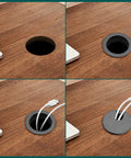 Installation of Black Desk Cable Grommets 1.5 Inch Plastic Hole Covers For Office Equipment And Computer Desks, wire organizer shown.