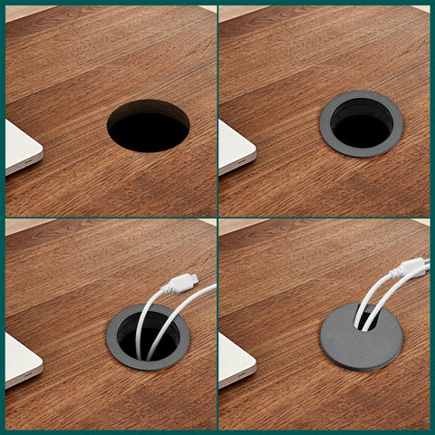 Installation of Black Desk Cable Grommets 1.5 Inch Plastic Hole Covers For Office Equipment And Computer Desks, wire organizer shown.